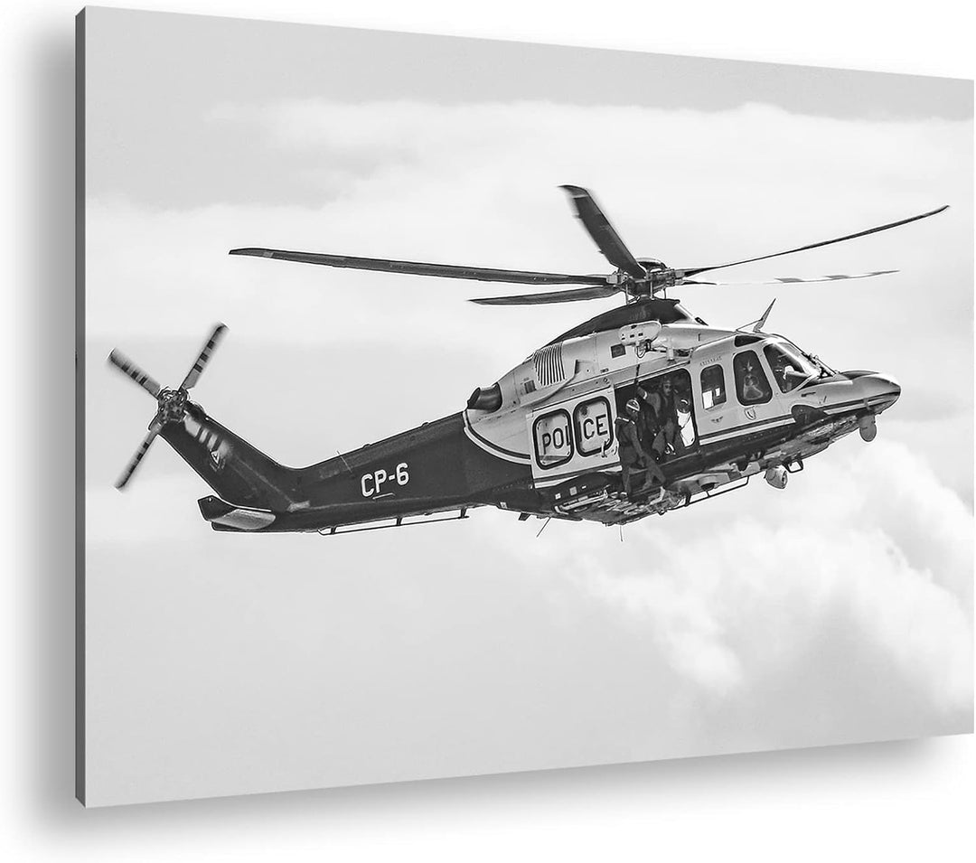 deyoli Helikopter im Einsatz Effekt: Schwarz&Weiss Format: 80x60 als Leinwandbild, Motiv fertig gera