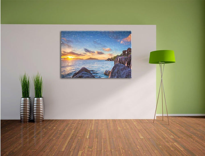 Pixxprint Sonnenuntergang Seychellen als Leinwandbild/Grösse: 100x70 cm/Wandbild/Kunstdruck/fertig b