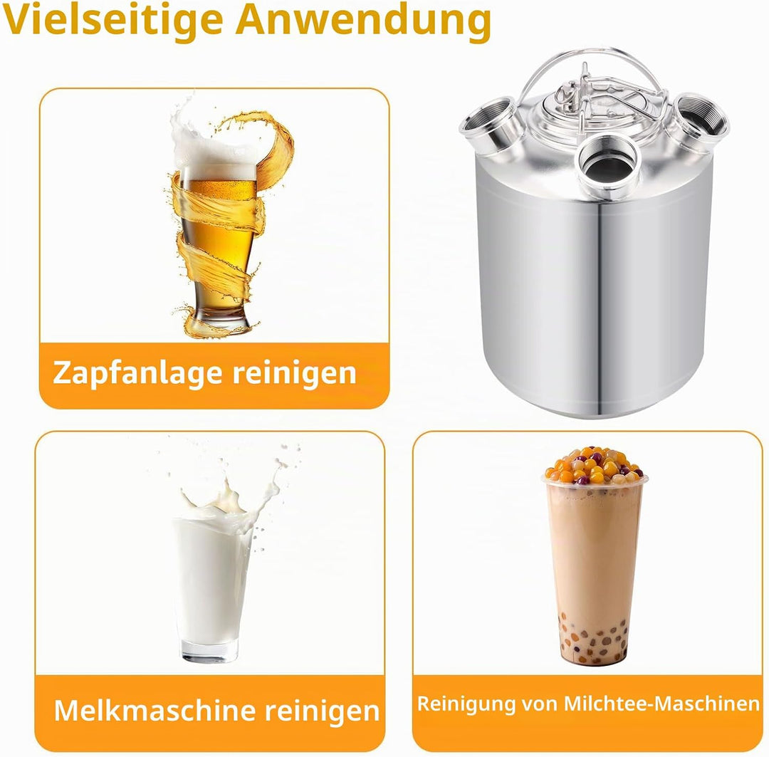 10L Bier Reinigungsfass Edelstahl, 3 Kopf ReinigungsbehäLter mit Deckel und Keg-Spiessen A,A,S, Bier