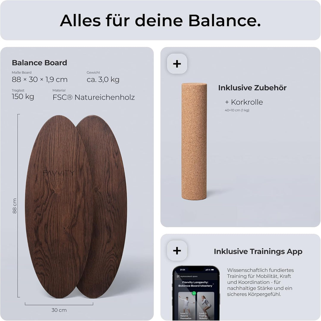 Balance Board aus Eichenholz [Handgefertigt in Deutschland] FSC-zertifizierter Gleichgewichtstrainer