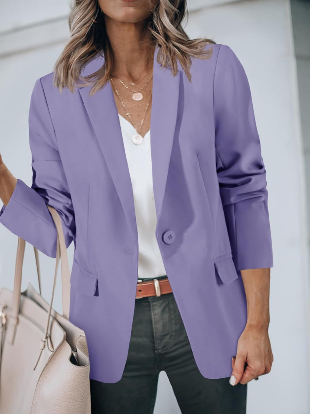 Cicy Bell Damen Langarm Casual Blazer Arbeit Büro Knopf Open Front Jacke Anzug XS Blue Purple, XS Bl