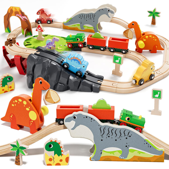 Lehoo Castle Holzeisenbahn, Holz Eisenbahn Kinder, Dinosaurier Spielzeug Holzeisenbahn Schienen, Din