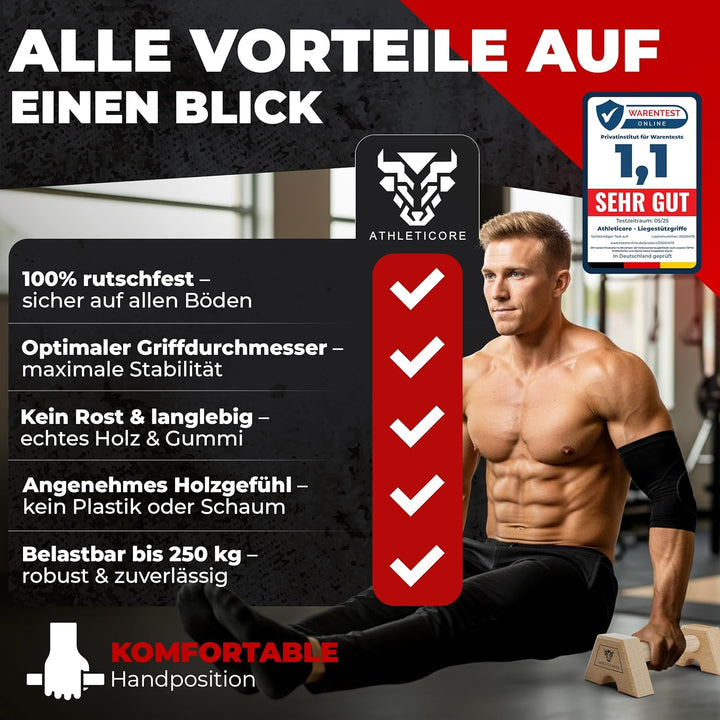 Liegestützgriffe Set (2x) aus Buchenholz - ohne Wackeln - gelenkschonend & rutschfest – Parallettes