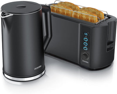 Arendo - Wasserkocher und Toaster SET Edelstahl Schwarz Wasserkocher 1,5L 40° 100°C Warmhaltefunktio