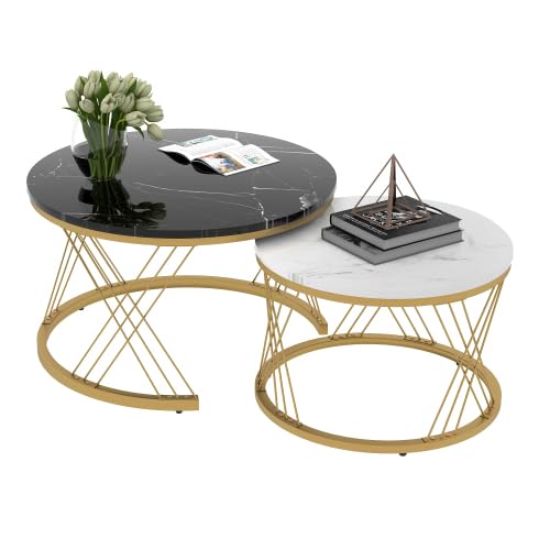 Moderne Rund Couchtisch 2er Set, Beistelltisch-Set, Couchtisch Satz Marmor Furnier Sofa Seite Nest v