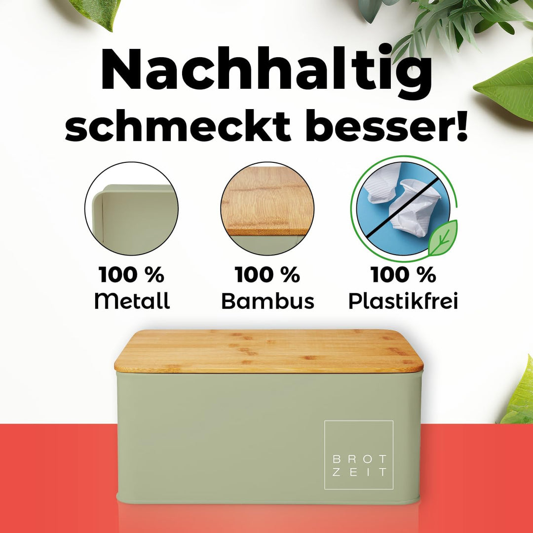 Lumaland Cuisine Brotkasten | Brotdose aus Metall mit Bambus Deckel | Brotbox rechteckig 30,5 x 23,5