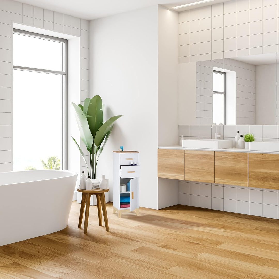 Relaxdays Badezimmerschrank, 2 Schubladen, Türfach, HxBxT: 97,5 x 32 x 28 cm, Bad & Flur, schmaler M
