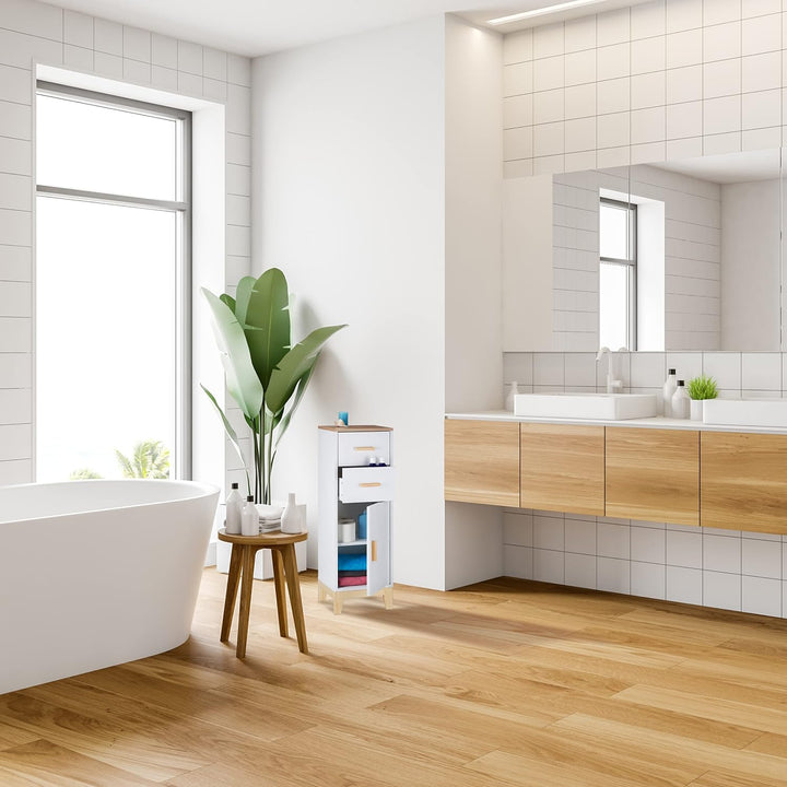 Relaxdays Badezimmerschrank, 2 Schubladen, Türfach, HxBxT: 97,5 x 32 x 28 cm, Bad & Flur, schmaler M