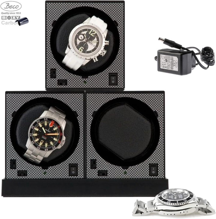 Erweiterbarer Uhrenbeweger für 3 Uhren Boxy CARBON EDITION PRO3 Base MED - Neueste Kollektion 2024