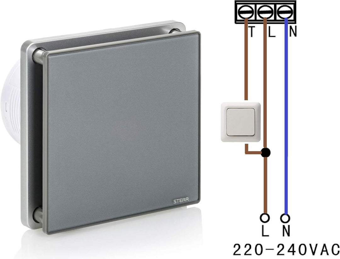 STERR Grauer Badlüfter 100 mm mit TIMER - Badezimmerventilator - Glasfront - Modernes Aussehen - BFS