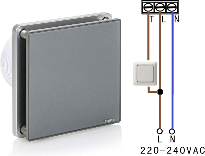 STERR Grauer Badlüfter 100 mm mit TIMER - Badezimmerventilator - Glasfront - Modernes Aussehen - BFS