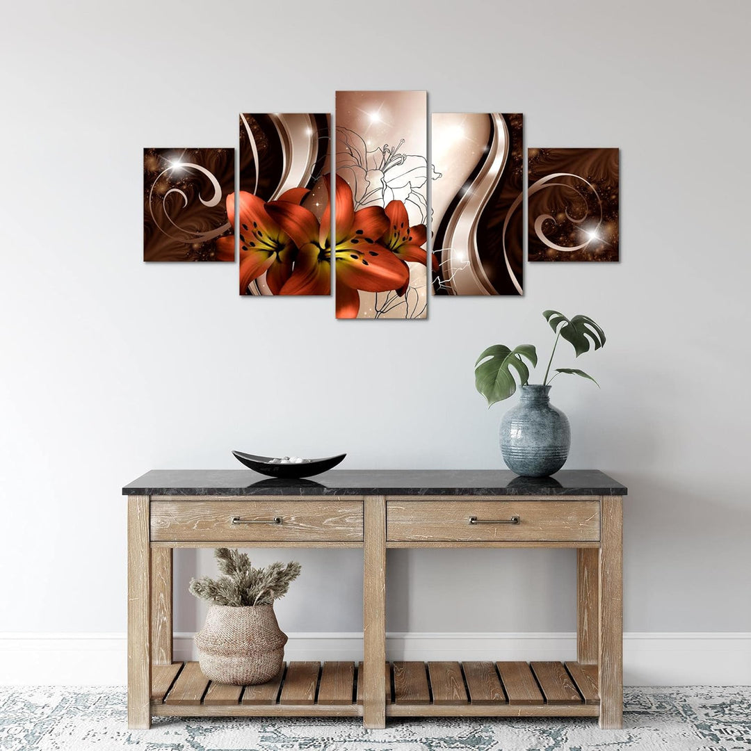 Runa Art Wandbilder Blumen Lilien 5 Teilig Bild auf Vlies Leinwand Deko Wohnzimmer Abstrakt Rot 2084