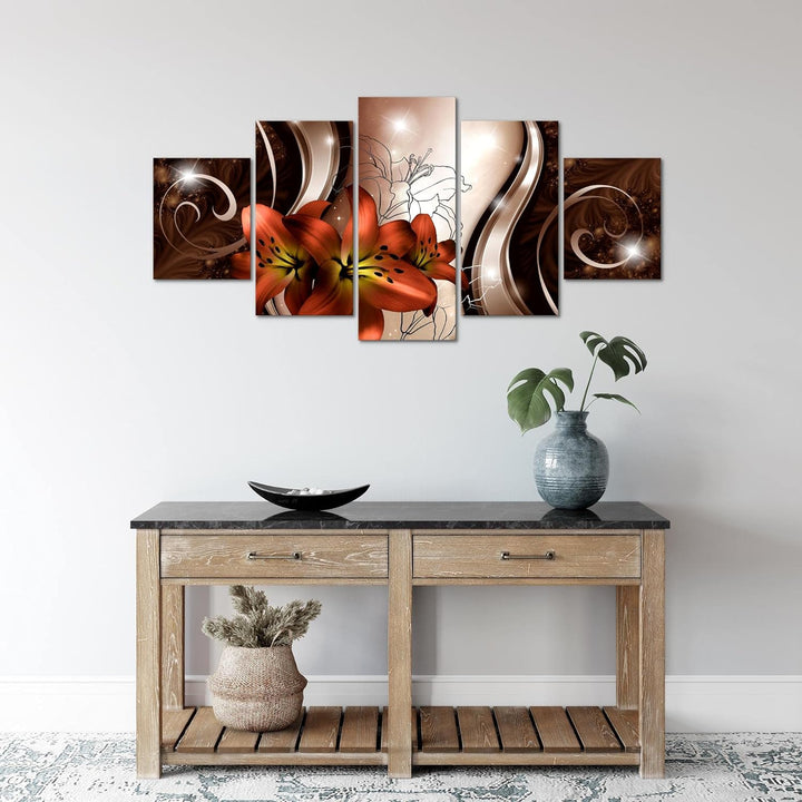 Runa Art Wandbilder Blumen Lilien 5 Teilig Bild auf Vlies Leinwand Deko Wohnzimmer Abstrakt Rot 2084