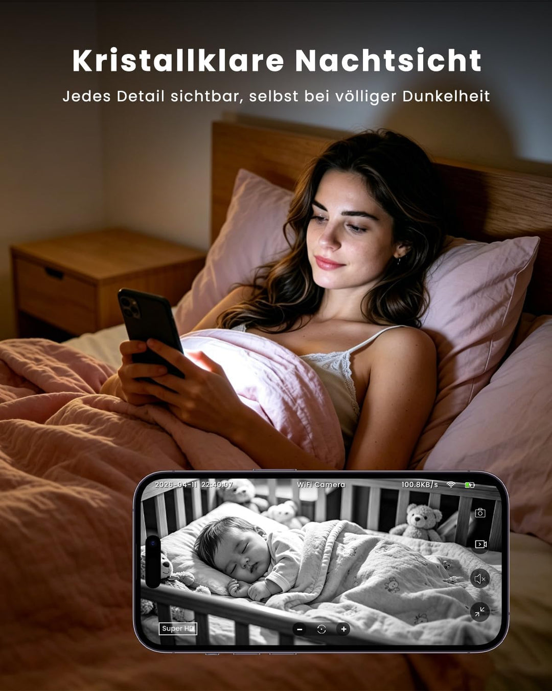 Mini Kamera 4K WLAN Überwachungskamera innen kabellos mit Akku, 2,4/5 GHz WiFi, Live-Übertragung auf