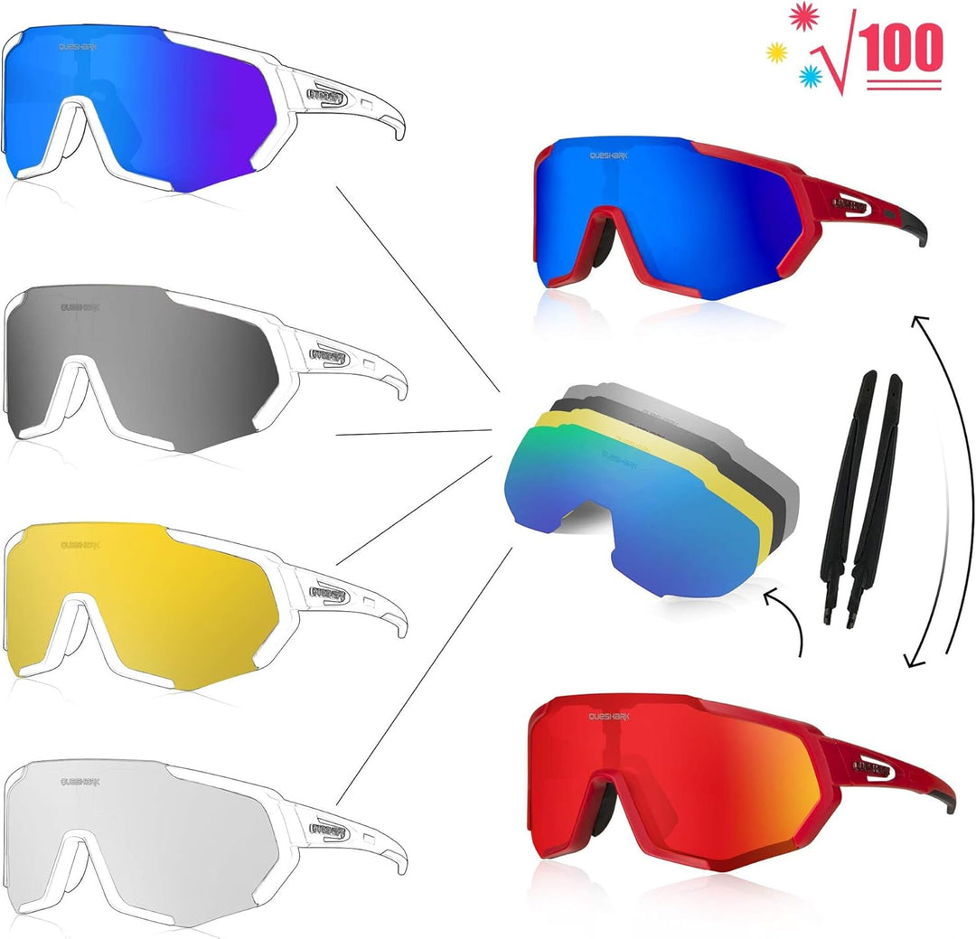 Queshark Sportbrillen Fahrrad Brillen Damen Herren Polarisierte UV400 Schutz mit 5 Wechselgläser Rad