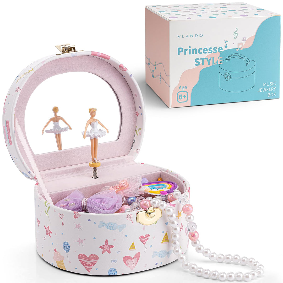 VLANDO Schmuckkästchen Mädchen mit Spieluhr, Schmuckkasten Kinder mit Drehendem Ballerina & Spiegel,
