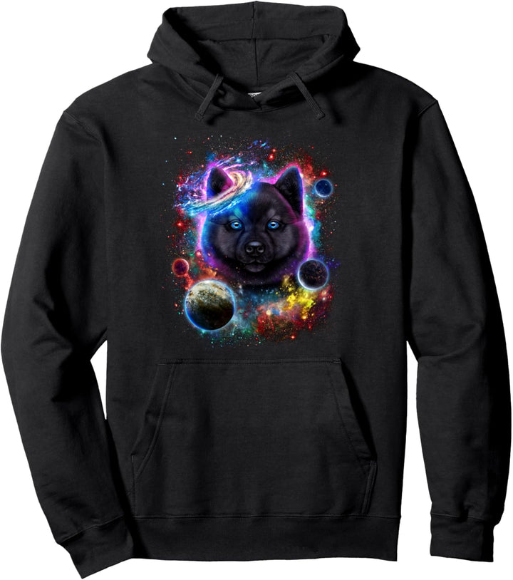 Schwarzer Akita-Hund im Weltraum wirbeln in der Galaxie Pullover Hoodie