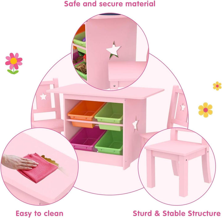 Kinder Tisch und Stuhl Set - Kindertische Massivholz und Rosa - Tisch mit 4 Aufbewahrungsboxen, Star