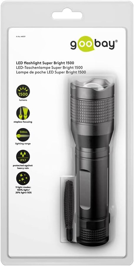 Goobay 44559 LED Taschenlampe Super Bright 1500 ideal für Arbeit, Freizeit, Sport, Camping, Angeln,