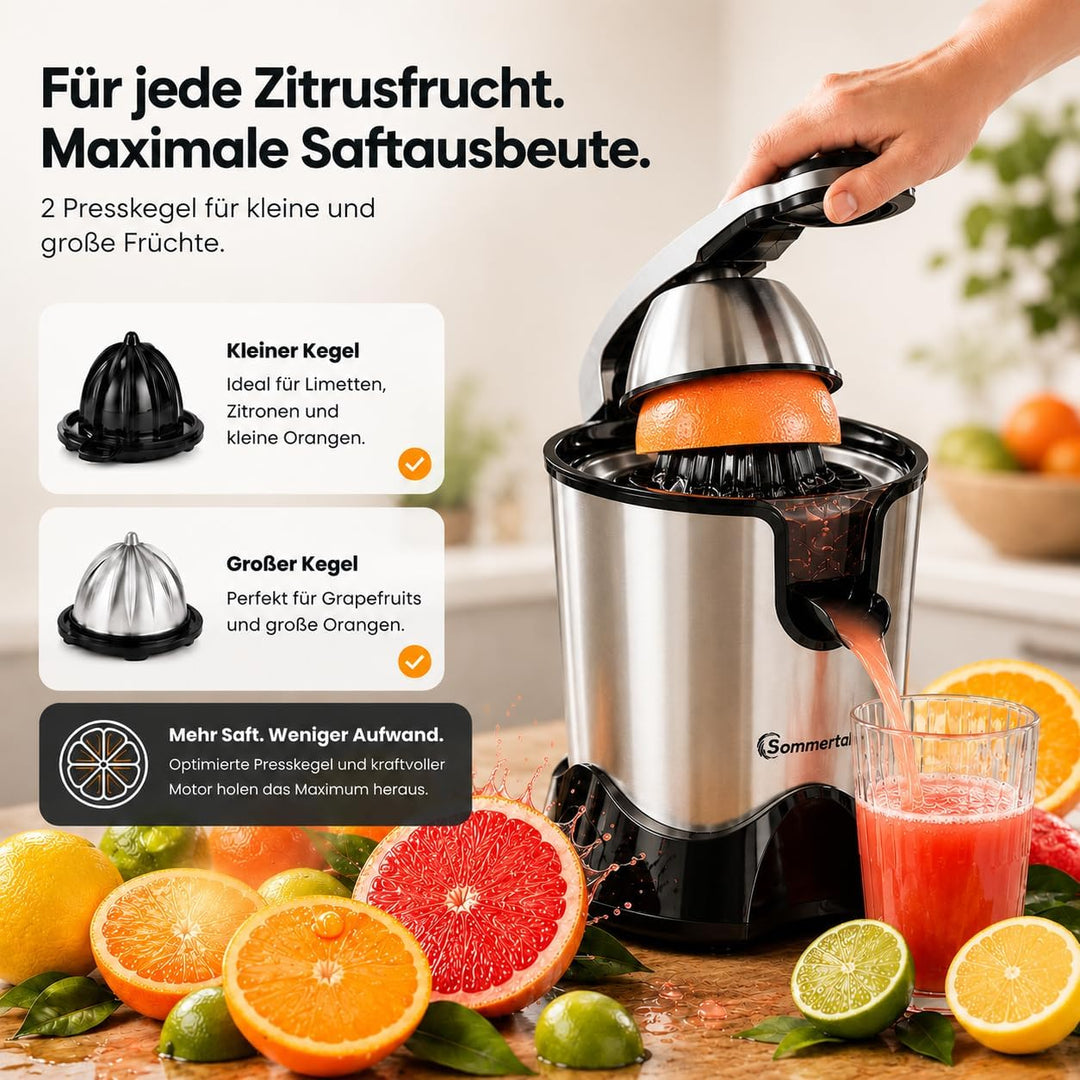 Sommertal Saftpresse CP850 mit starkem 850W Motor, elektrische Orangenpresse inkl. 2 Presskegel, man