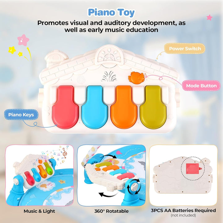 Baby-Spielmatte, Baby-Spielbogen mit Rassel, Klavier und Spiegel, Boden-Spielmatte (100 cm Durchmess