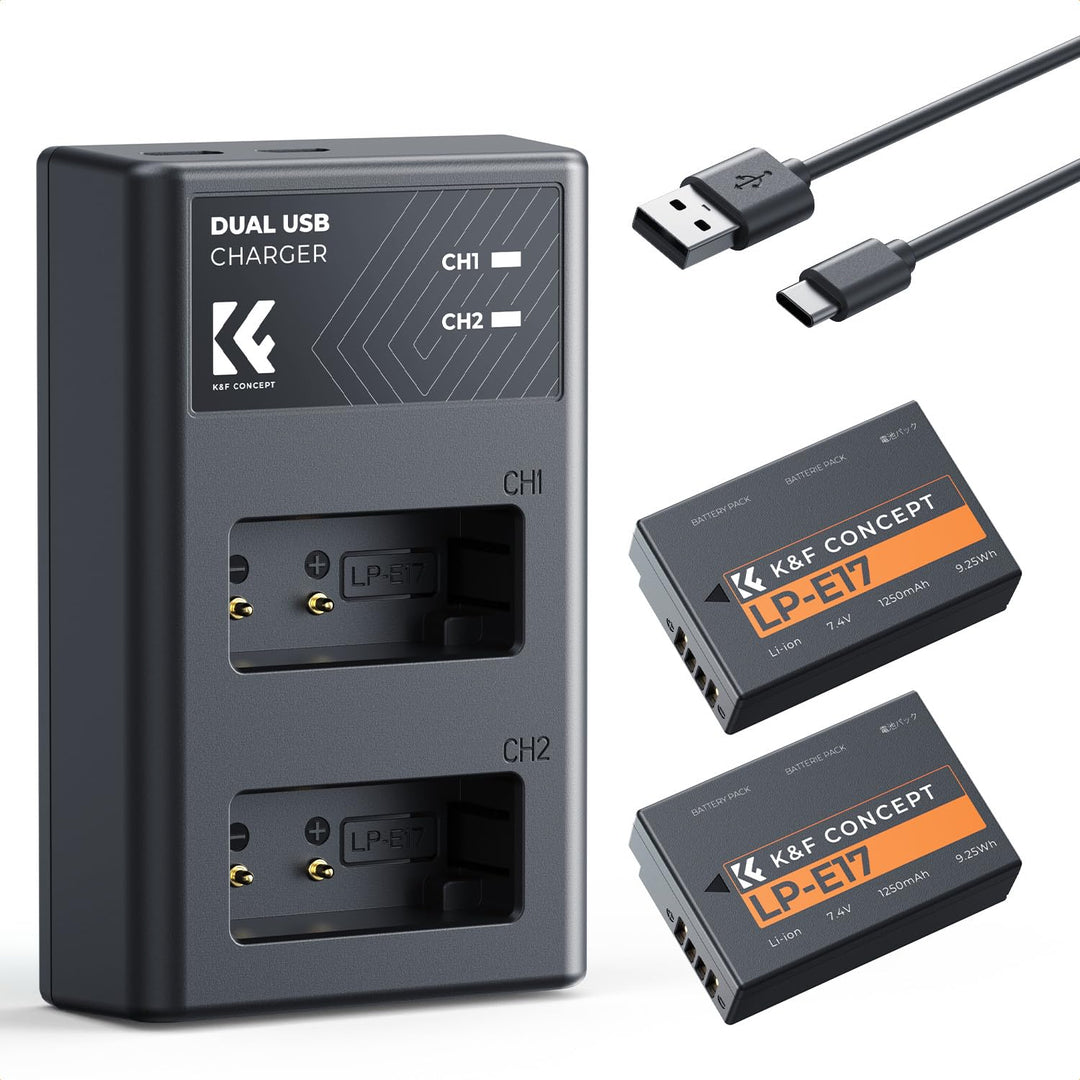 LP-E17 Kameraakkus Ladegerät 1250mAh ，K&F Concept Batterie Ladeset für Canon EOS RP,Rebel T8i,T7i,T6