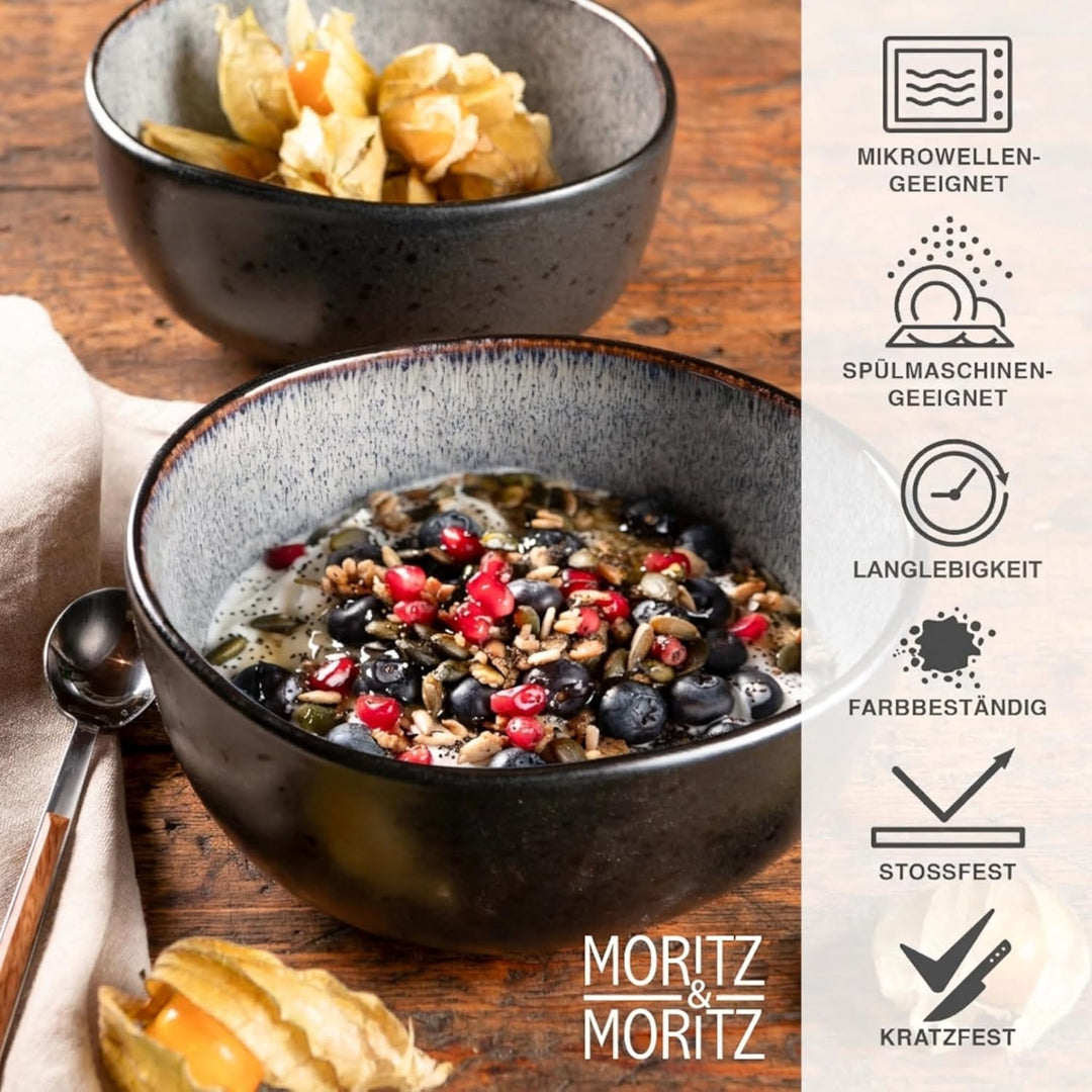 Moritz & Moritz ORGANIC Müslischalen Set 6-teilig Grau, Steingut Bowls im modernen Design, ca. 500 m