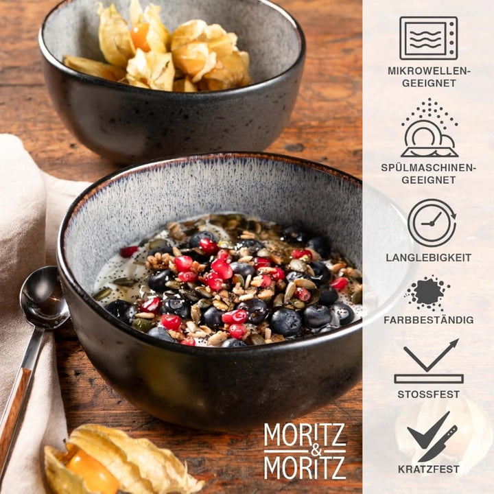 Moritz & Moritz ORGANIC Müslischalen Set 6-teilig Grau, Steingut Bowls im modernen Design, ca. 500 m