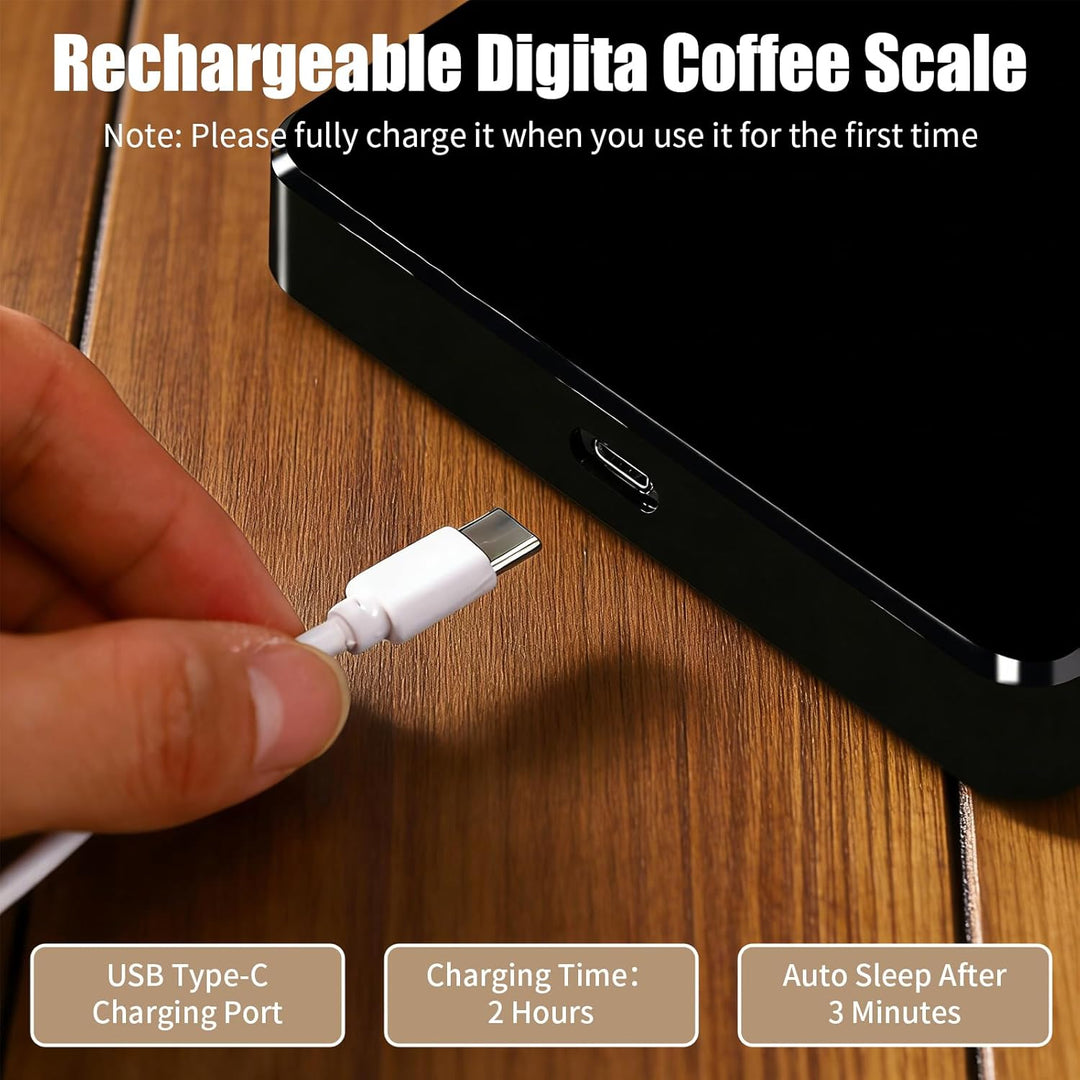Kaffeewaage mit Timer, 3kg/0.1g Wiederaufladbare Digitale Küchenwaage, Tragbar mit LED-Anzeige & Aut