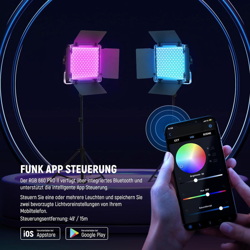 NEEWER 2X Verbesserte 660 PRO II 50W RGB LED Videoleuchte Panel Set Stative Ständer mit App Steuerun