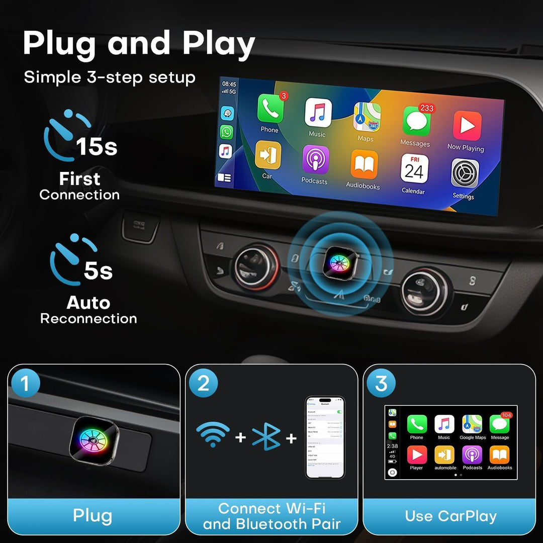 Wireless CarPlay &amp; Android Auto Adapter, Kabelloser CarPlay &amp; Android Auto Dongle, Plug &amp; Play USB A