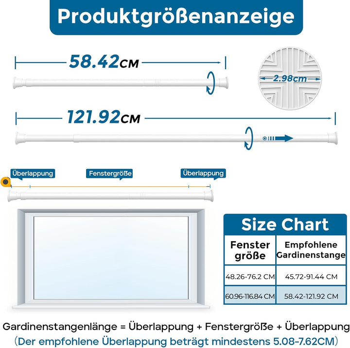 AIZESI Gardinenstange ohne Bohren 60 bis 120 cm, 2 Stück Teleskopstange, Weiss verstellbare Vorhangs