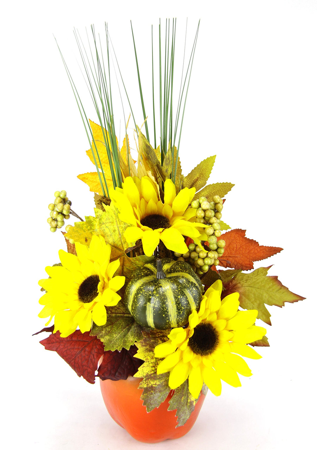 Gesteck aus Sonnenblumen mit Kürbis im Apfel-Topf Kunstblumen Arrangement Künstlich Deko Tischdeko H