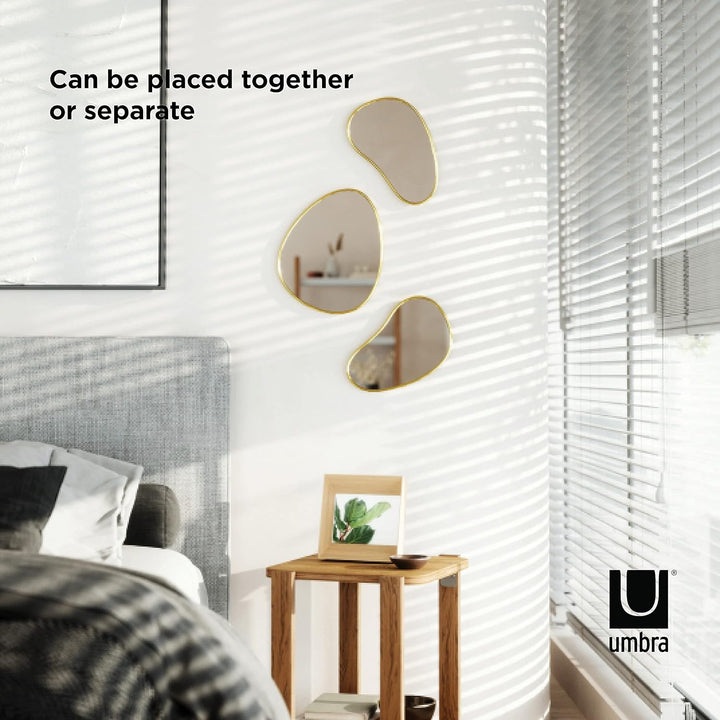 Umbra Hubba Pebble Wandspiegel Set, Moderne Design Spiegel mit Organischer Form, 3er-Set, Messing Me