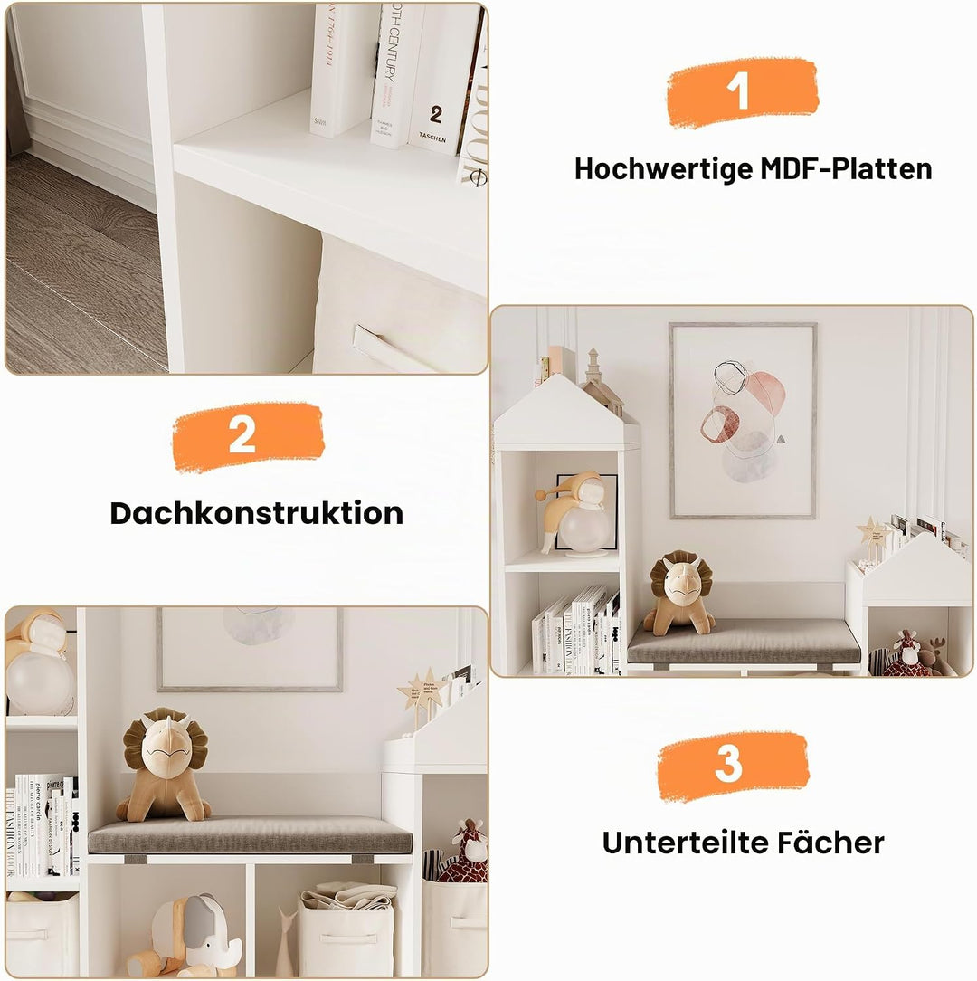 Litake Spielzeugregal Kinderregal mit 8 Fächern und 1 Kissen, Bücherregal Kinder und Spielzeugregal