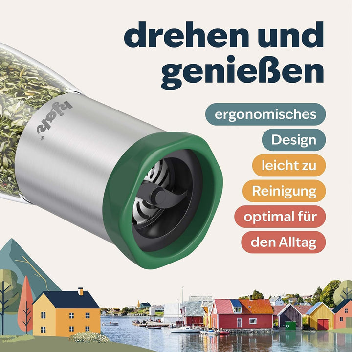 kjøk Premium Gewürzmühle aus Edelstahl & Glas Manuelle Chilimühle Kräutermühle mit Stahl Schneidwerk