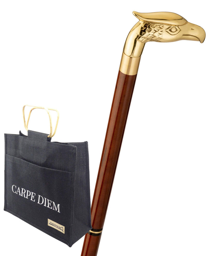 Reisestock mit Jutetasche, Eagle, Tierkopf Vogel, Adler, Messing, Stock Hartholz braun, Wanderstock,