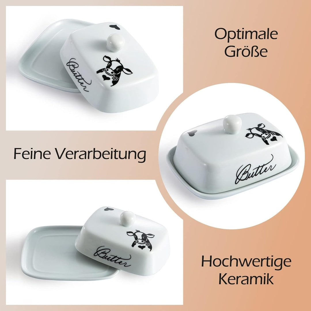 Butterdose mit Griff für 250g Butter, Hochwertige Keramik, Weiss mit Schwarzem Kuhkopfmuster, Porzel