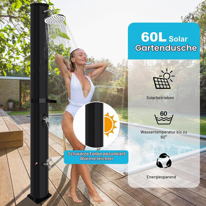 Solar Gartendusche 60Liter -Solardusche mit 360° Drehbarem Duschkopf und Fusshahn, Einstellbare Temp