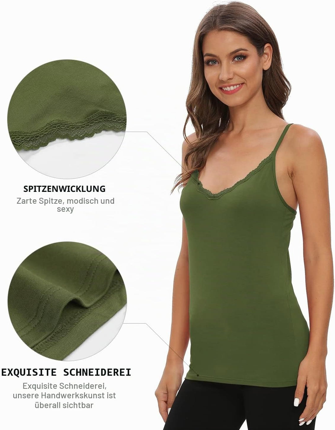 Ymmchy Damen Tanktop mit Spitzen Unterhemd Spaghettiträger Basic Top V-Ausschnitt Verstellbare Träge