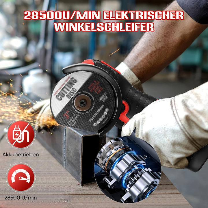 Akku Winkelschleifer 19500RPM | Mini Akku Flex Set mit 2x 2000mAh Akku & 2 Trennscheiben, 2x76mm Min