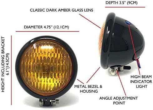120 mm Universal-Motorradscheinwerfer in SCHWARZ mit gelber Linse für Chopper, Bobber, Cafe Racer, S
