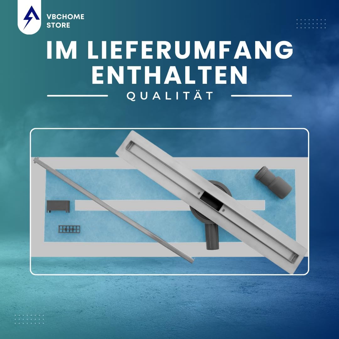 VBChome Duschrinne 60 cm ULTRA SLIM FLACH sehr edelstahl Bodenablauf Siphon mit Geruchsstop Grössen