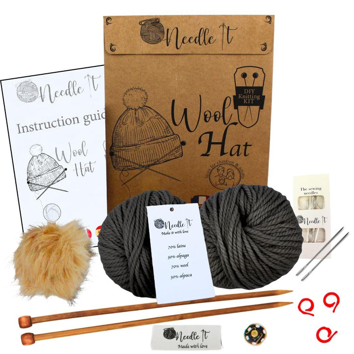 Needle It® Strickset Mütze komplett grau - Wollmütze zum Selberstricken für Kinder und Erwachsene -