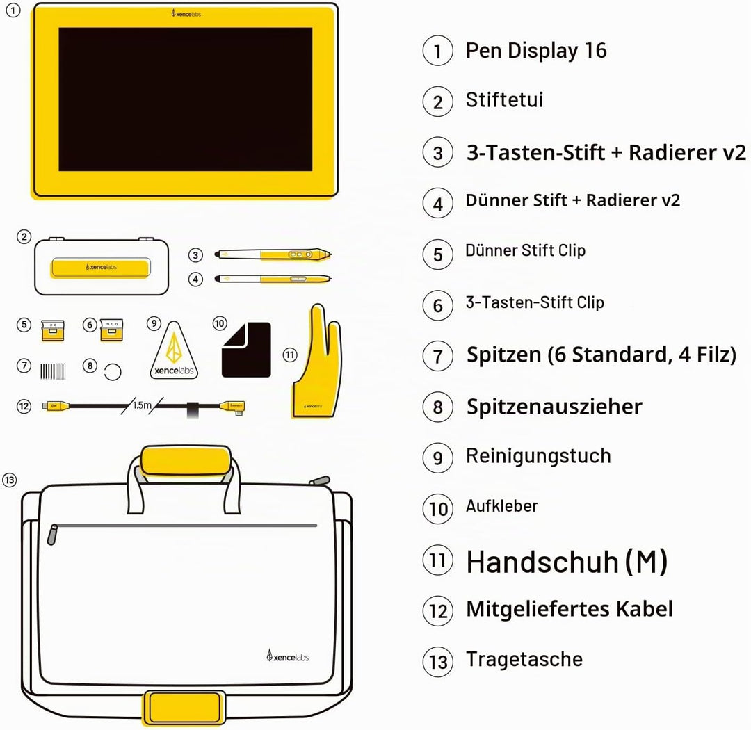 Xencelabs Pen Display 16 Essentials 16" 4K OLED Professionelle Grafiktablett mit Display mit 2 Batte