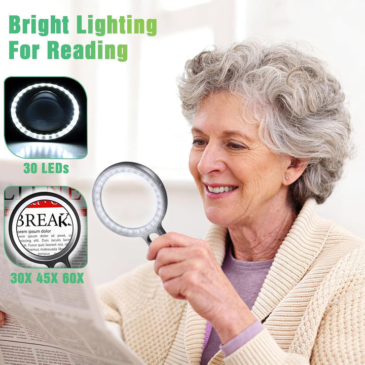 Lupe mit Licht mit 30 LED, 30X 45X 60X Leselupe mit Licht Gross, 30 Fach Vergrösserung Handlupe mit