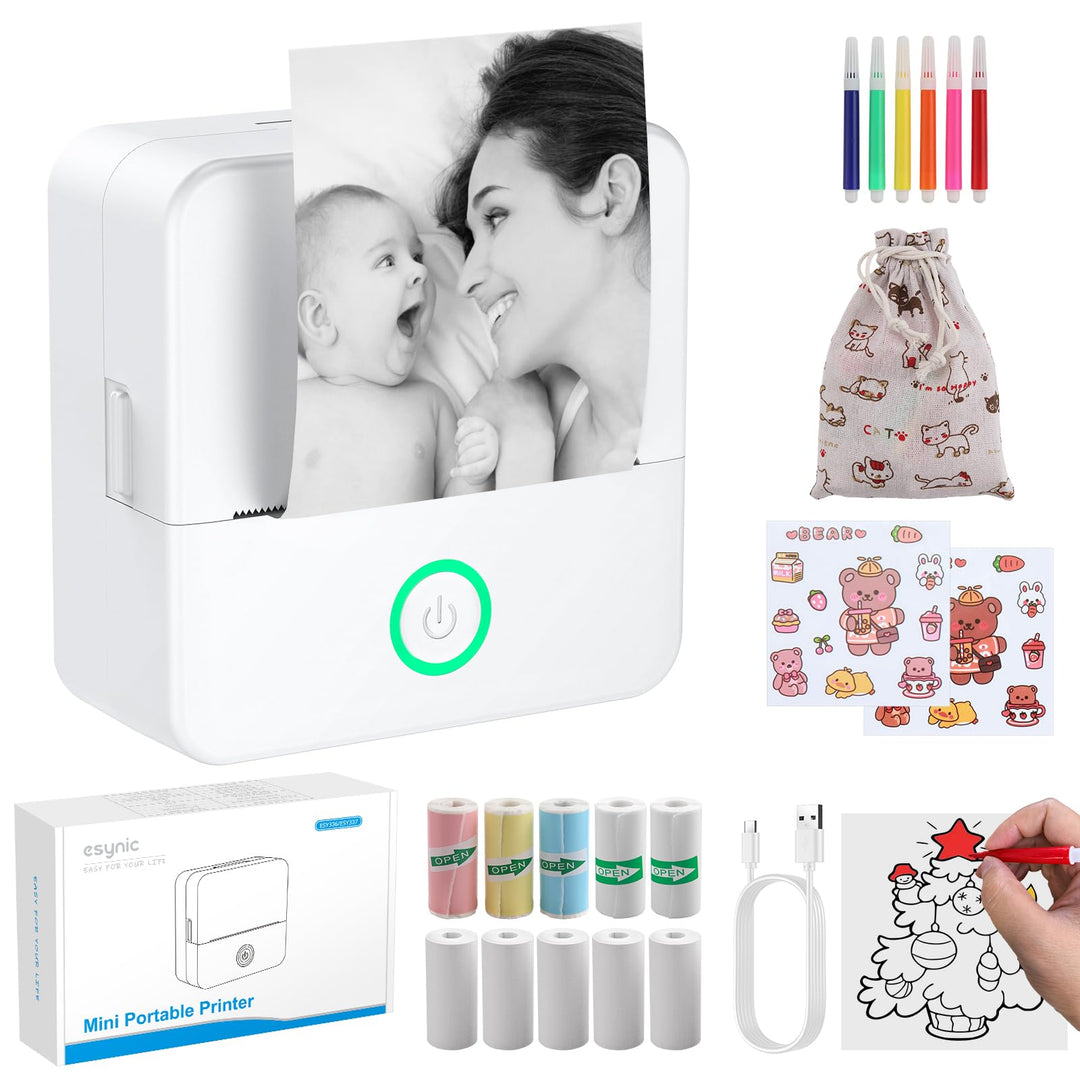 eSynic Mini Thermodrucker Tragbarer Bluetooth-Drucker für Fotos Notizen & Etiketten 200dpi Kompatibe