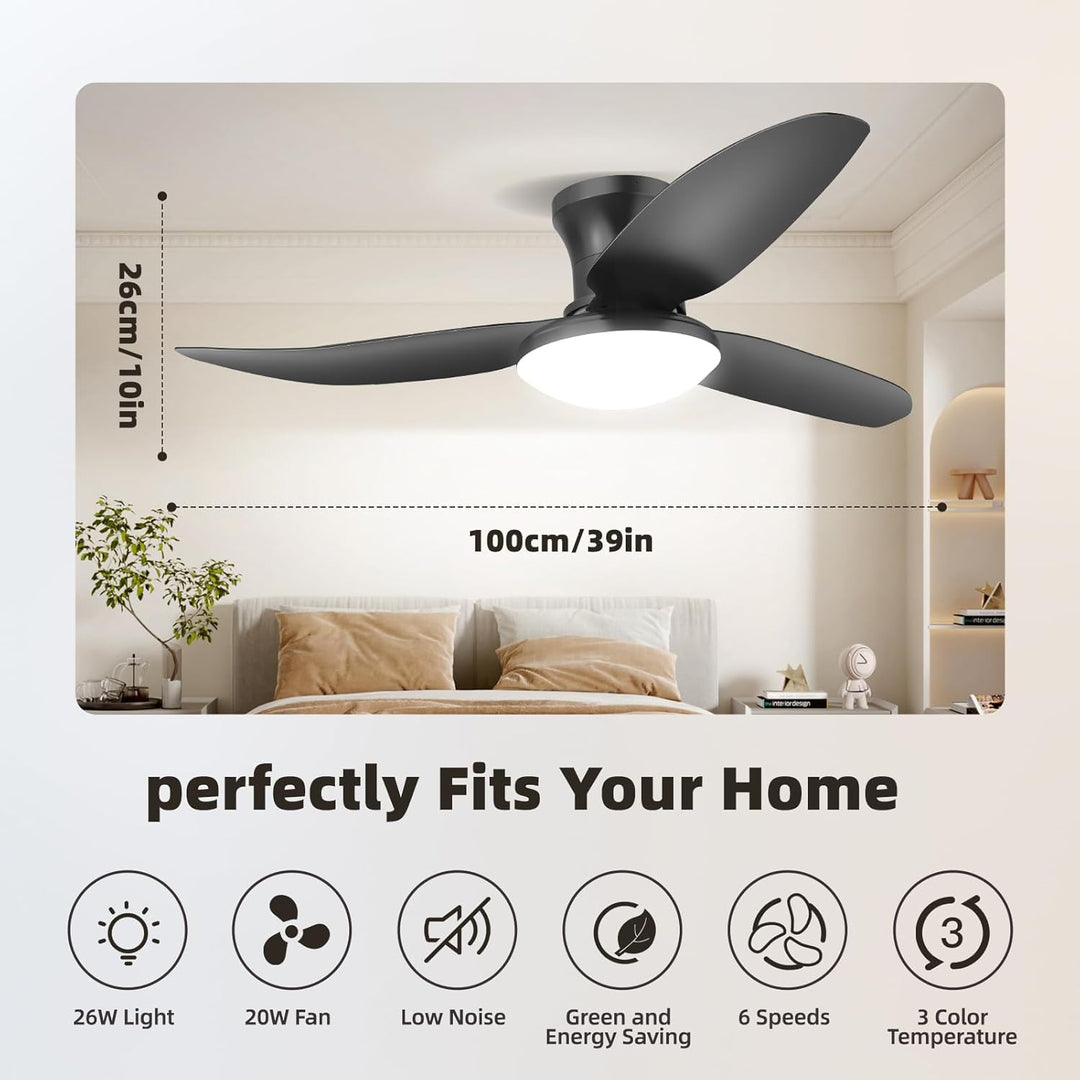 Deckenlampe mit Ventilator,Schwarz,Ø100cm App Steuerung & Fernbedienung Deckenventilator mit Beleuch