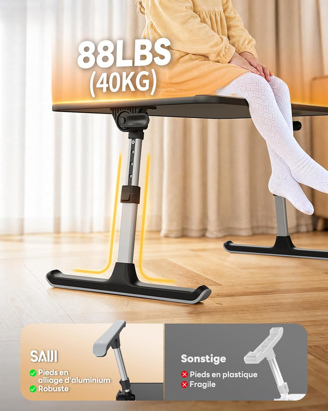 SAIJI Laptoptisch fürs Bett, einstellbare Höhe, Neigungswinkel, Laptoptisch mit klappbare Beine, Rod