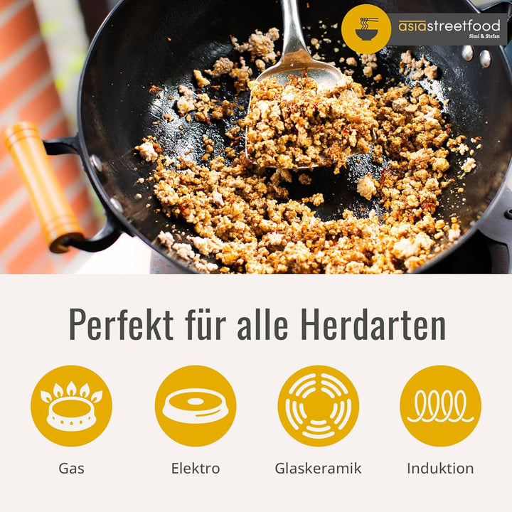 Der perfekte Wok, Ø 26cm – Robuster Carbonstahl-Wok mit flachem Boden - Holzgriff – Geeignet für Gas